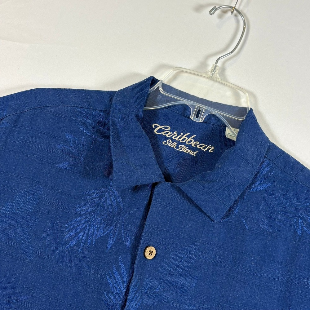 Caribbean Silk Blend Mens Large Blue Tropical Leaf Jacquard Button Down Shirt